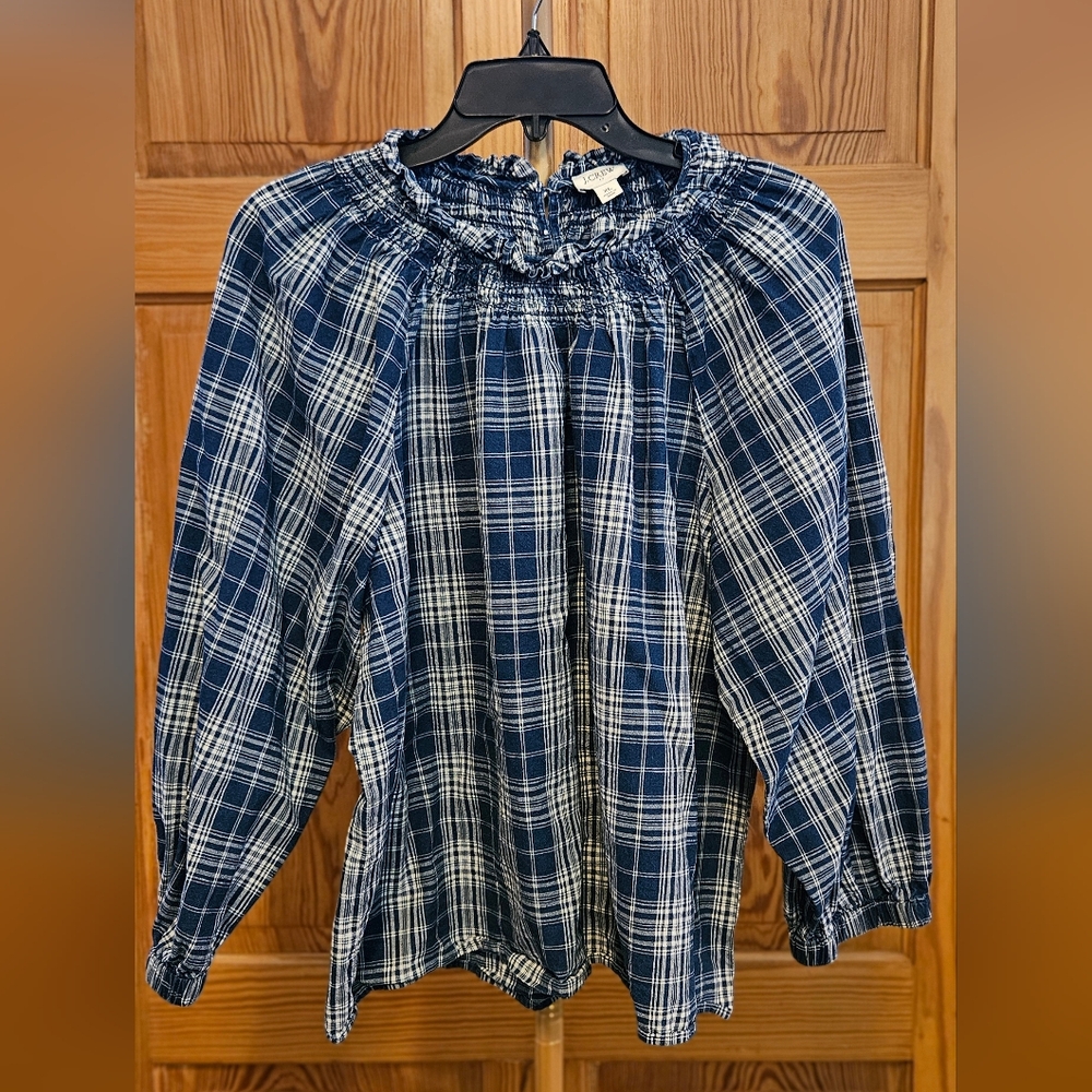 J.Crew Plaid Smocked Longsleeve Blouse w/Button Back Closure Size XL